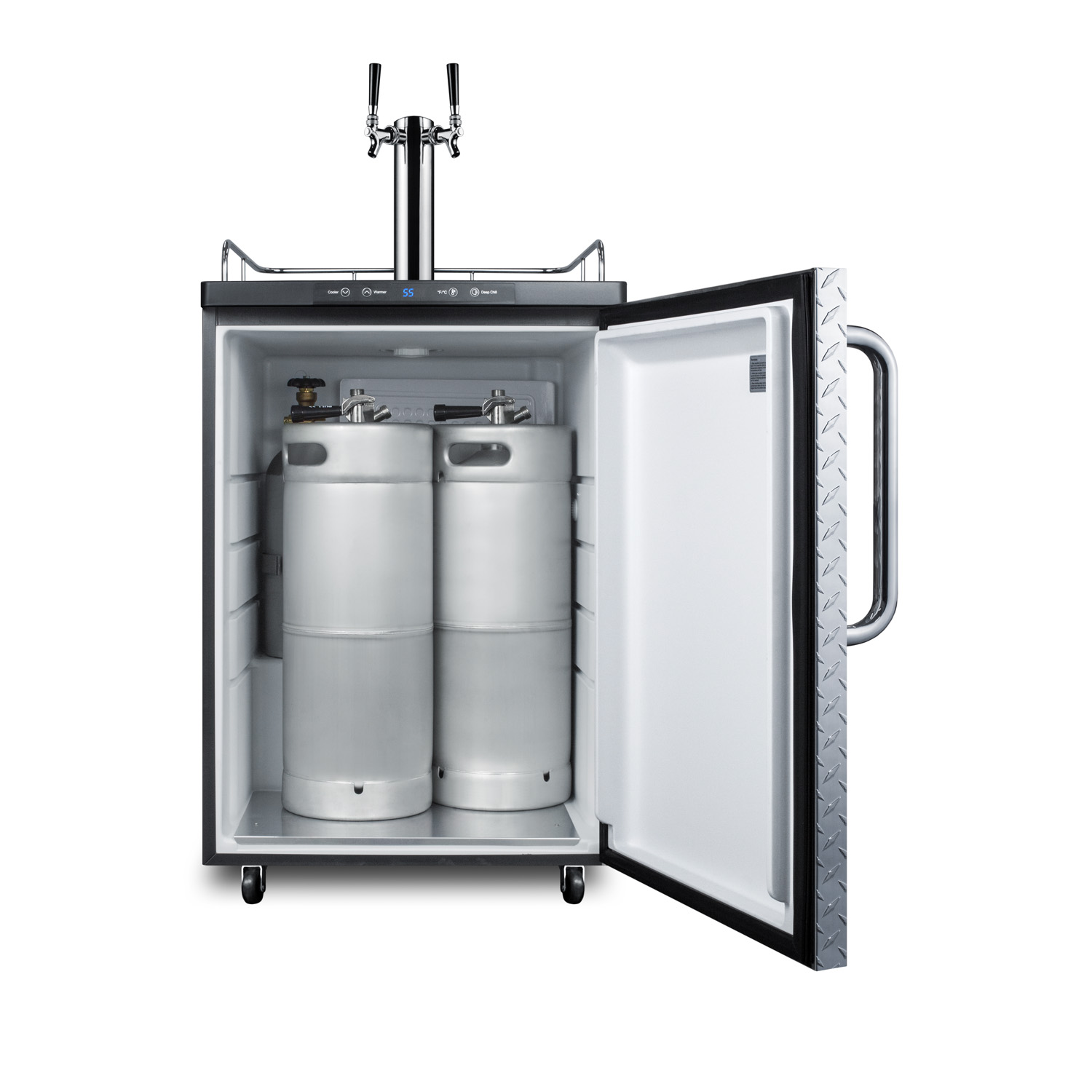 Freestanding residential dual tap beer dispenser, auto defrost w/digital thermostat, diamond plate wrapped door finish, and towel bar handle